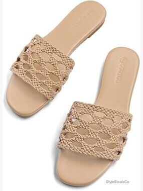 Womens Braided Flat Sandals Open Square Toe Slip On Slide Dressy Beach Shoes